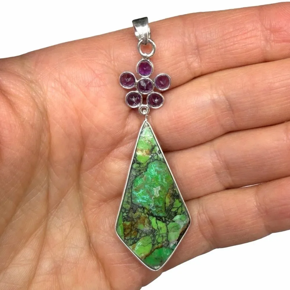 Green Matrix Turquoise Necklace Pendant Amethyst Flower 925 Sterling Silver